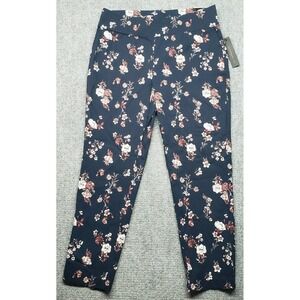 Meg & Margot Pants Womens L Navy Blue Floral Pull On Stretch Mid Rise New
